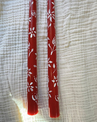 Hand-Painted White & Red Flowers Candles - Set of 2