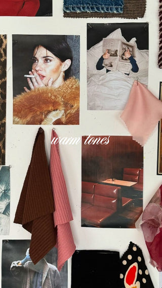 A collage of fashion and lifestyle photos pinned to a white wall, featuring a woman in a brown fur collar, a person reading in bed, a diner booth scene, and several fabric swatches in pink, brown, and red tones. The words 'warm tones' are written across the center.