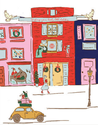 Illustration of a festive street scene with buildings, a car, and people celebrating Christmas.