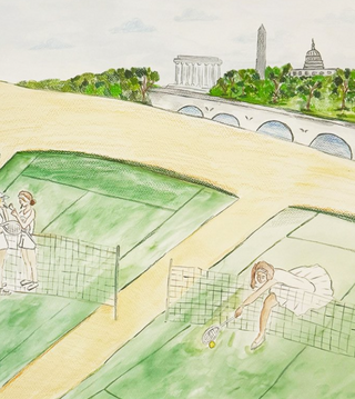 Illustration of a tennis match with a scenic background including a bridge and buildings.