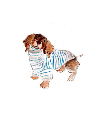 Illustration of a dog wearing a striped shirt on a white background