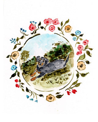 Illustration of a dachshund in a circular frame with flowers and leaves