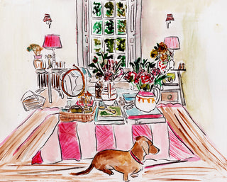 A watercolor and ink illustration of a cozy interior scene with a dachshund in the foreground, a table covered in flowers and dishes, lamps, shelves, and a window in the background.