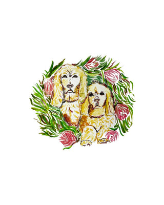 Two dogs surrounded by green leaves and pink flowers on a white background