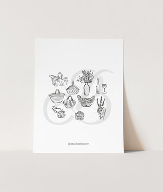 French Basket Line Art Illustrations