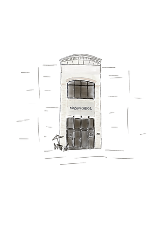 Illustration of a building facade with 'MAISON GÉRAL' text on a white background