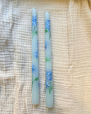 hydrangea hand painted tapper candle sticks blue