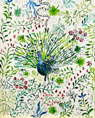 Colorful illustration of a peacock among floral and botanical elements