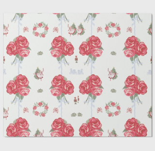 Pattern of red roses and green leaves on a white background