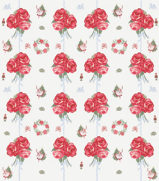 Pattern of red roses and small decorative elements on a white background