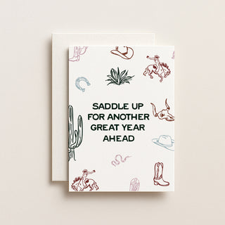 Greeting card with cowboy-themed illustrations and text on a beige background